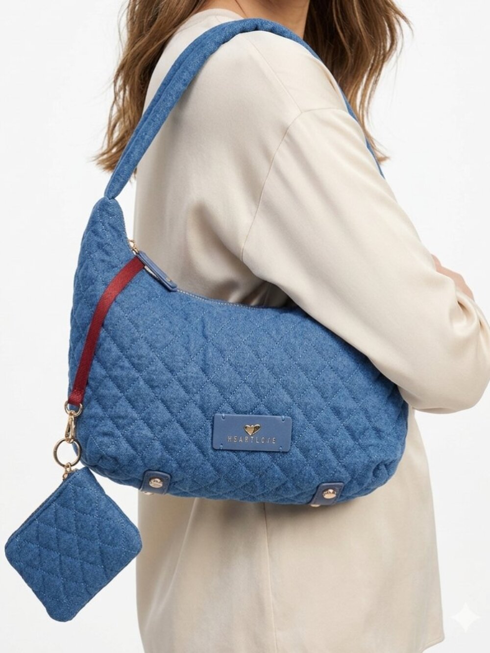 NWT Heartlove by Charo Quilted Denim Shoulder Bag with Matching Pouch
